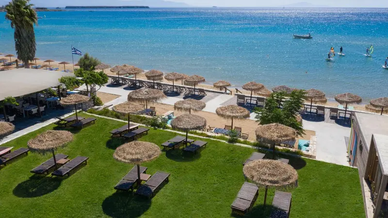 Vue aérienne d'une plage avec parasols de paille et tables de pique-nique sur une pelouse verte.