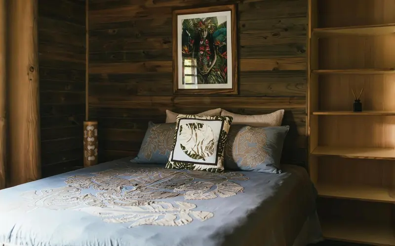 Un lit confortable avec des oreillers décoratifs dans une chambre au style tropical.
