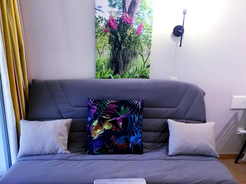 Un canapé gris avec des coussins devant un grand tableau floral.
