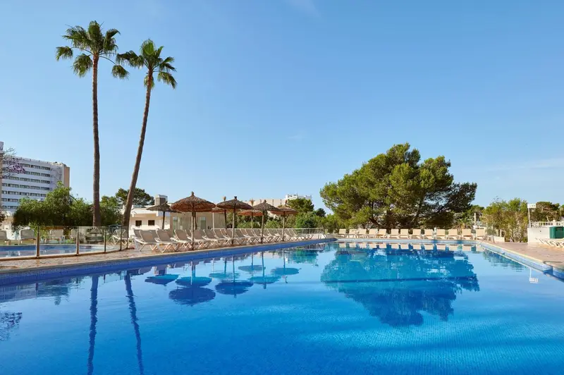 Une piscine rectangulaire reflète le ciel bleu et les palmiers environnants.