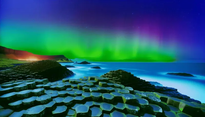 Paysage côtier avec des formations rocheuses hexagonales et des aurores boréales dans le ciel.