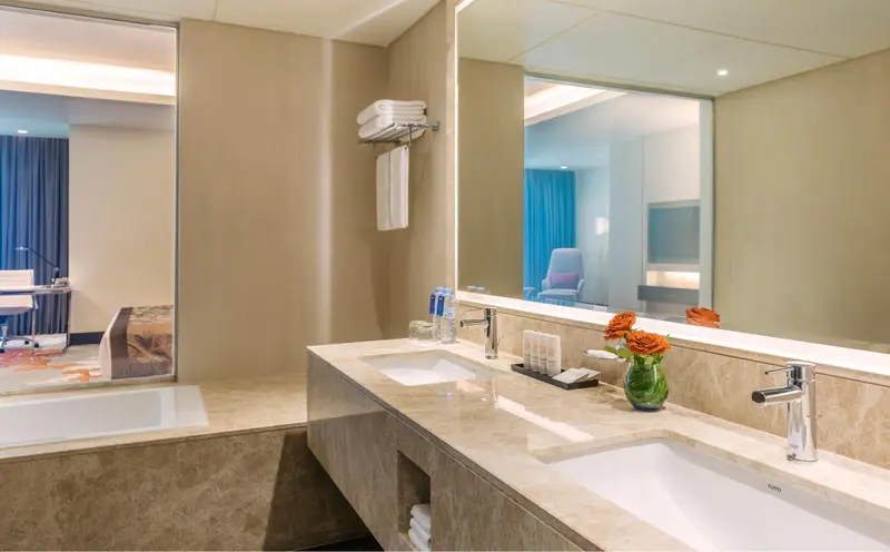 Une salle de bain moderne avec deux vasques et un grand miroir.