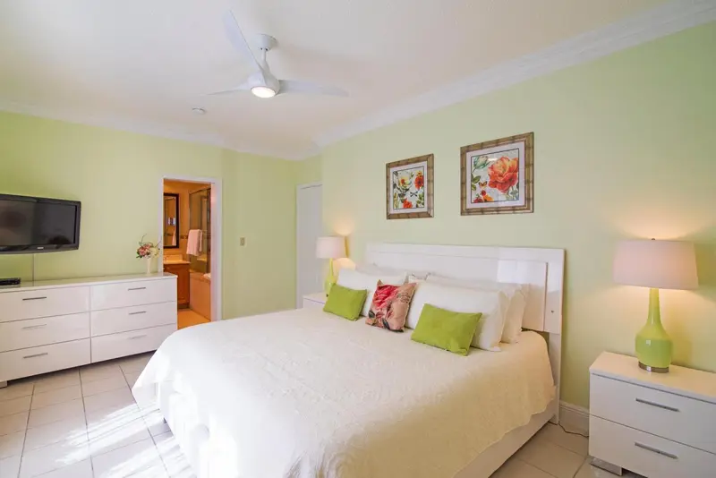 Chambre lumineuse avec un grand lit blanc et des touches de vert.
