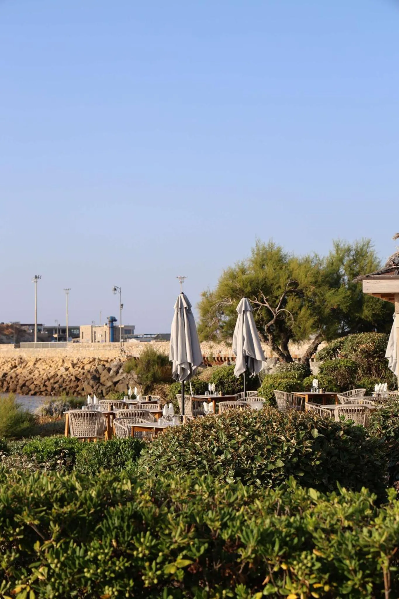 Terrasse ombragée avec tables et chaises en osier face à la mer.