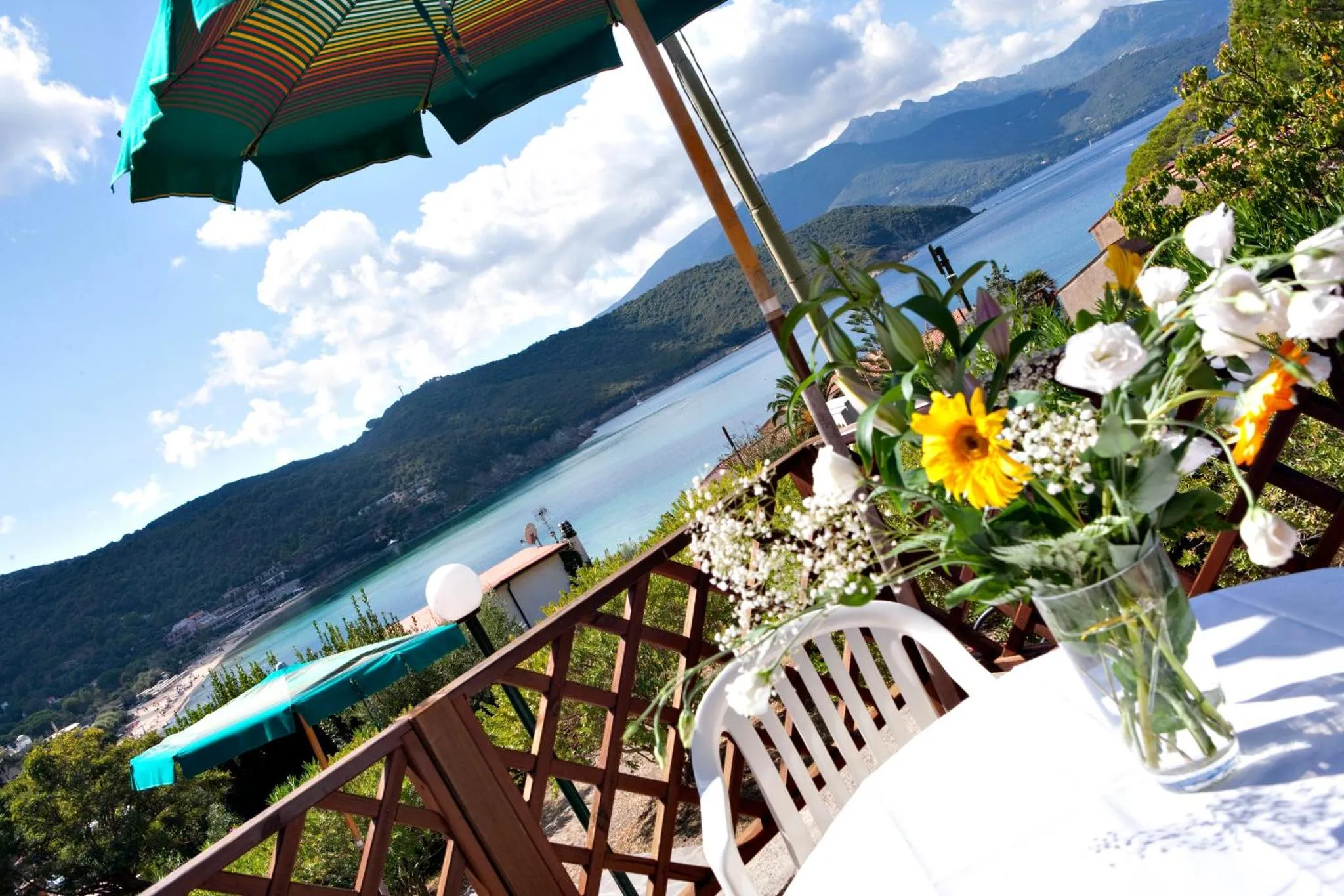Une terrasse fleurie offre une vue sur la mer et les montagnes.