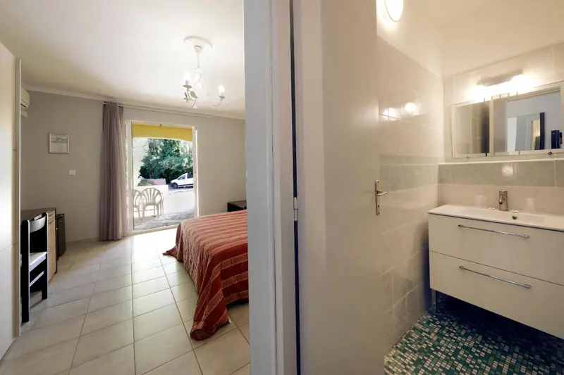 Une chambre lumineuse s'ouvre sur une salle de bain moderne.