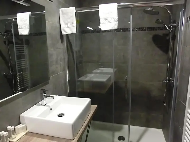 Une salle de bain moderne avec douche à l'italienne et vasque blanche.