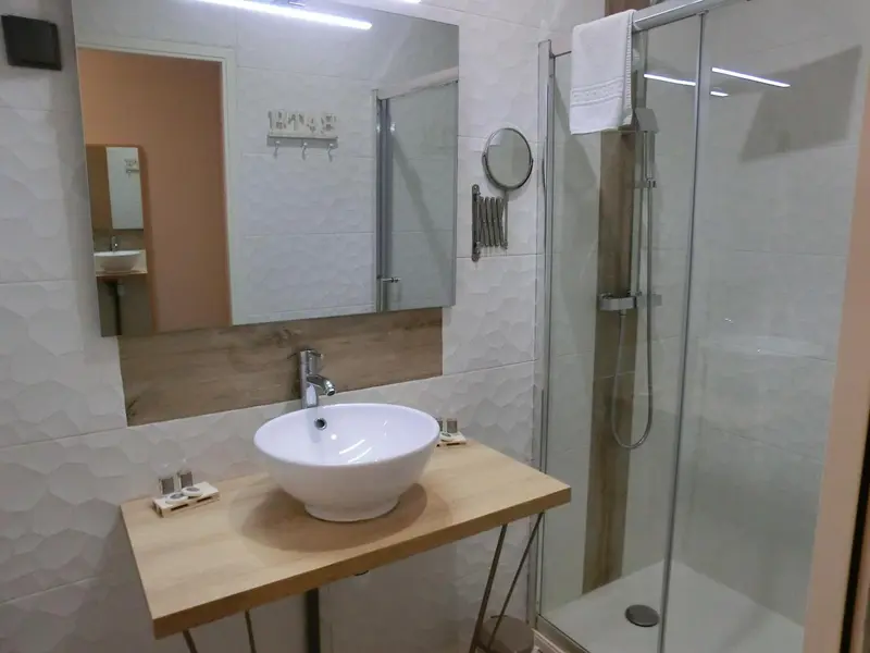 Une salle de bain moderne avec douche à l'italienne et vasque sur meuble.