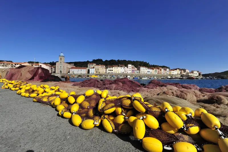 Vue d'un port de plaisance avec des bouées jaunes au premier plan et des bâtiments colorés en arrière-plan.
