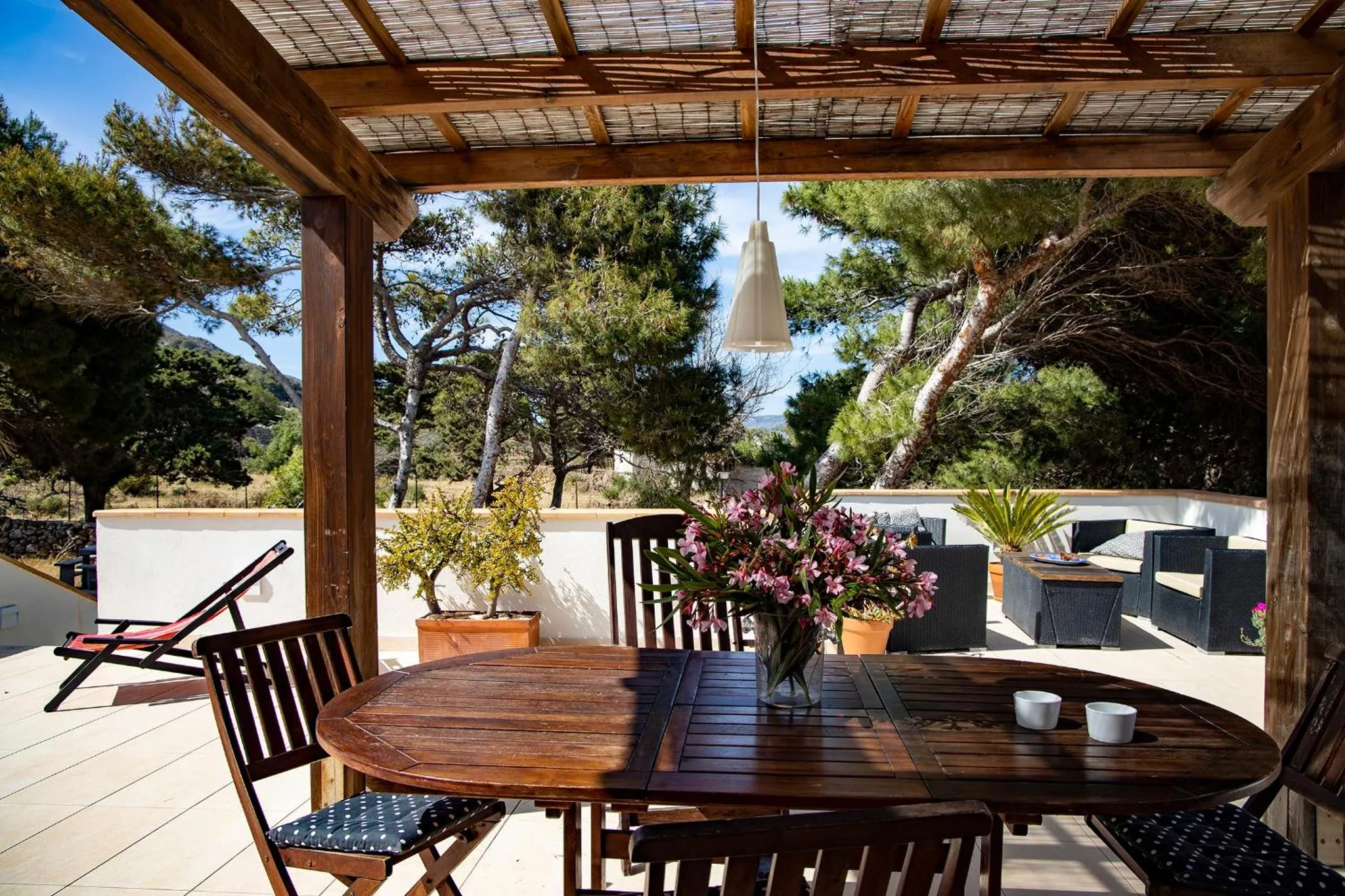 Une table en bois est mise en valeur par des chaises et des plantes sur une terrasse ombragée.