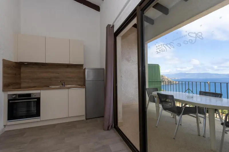 Cuisine moderne ouverte sur une terrasse avec vue sur la mer.