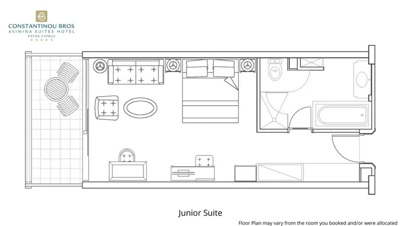 Plan d'une suite junior avec espace chambre, salon et salle de bain.