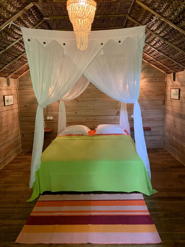 Un lit recouvert de moustiquaire se trouve dans une chambre au décor chaleureux.