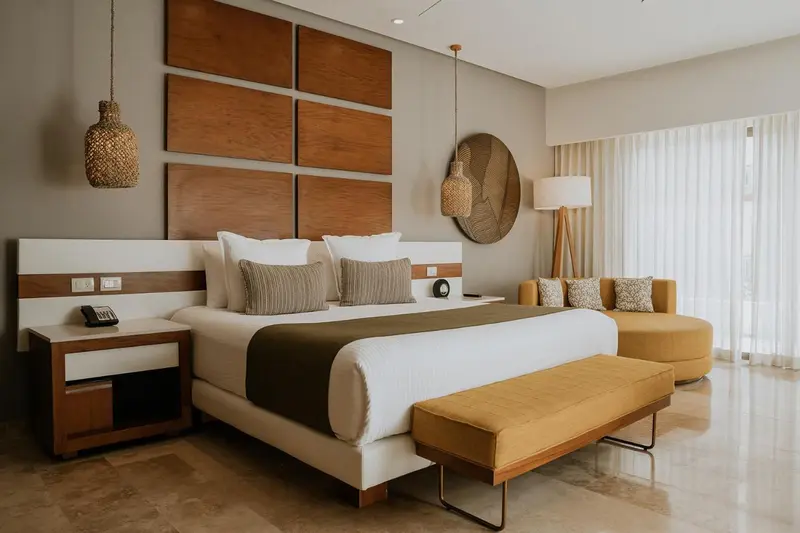 Une chambre lumineuse avec un grand lit et un espace détente.