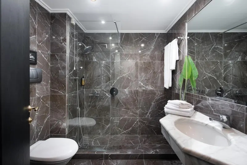 Une salle de bain moderne avec douche à l'italienne et lavabo.