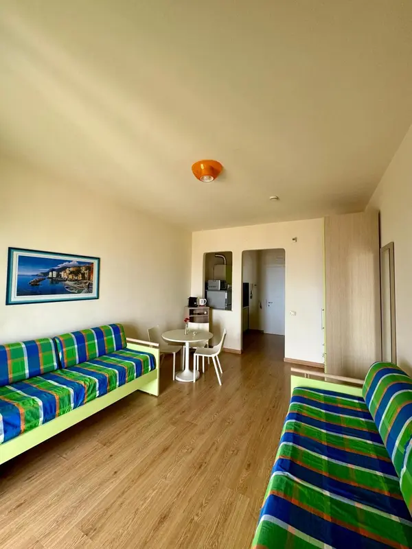 Espace de vie lumineux avec canapés colorés et kitchenette.