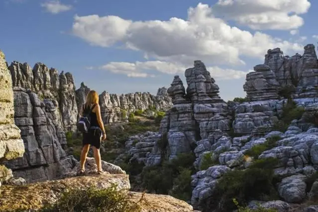 Une personne se tient face à un paysage rocheux sous un ciel nuageux.
