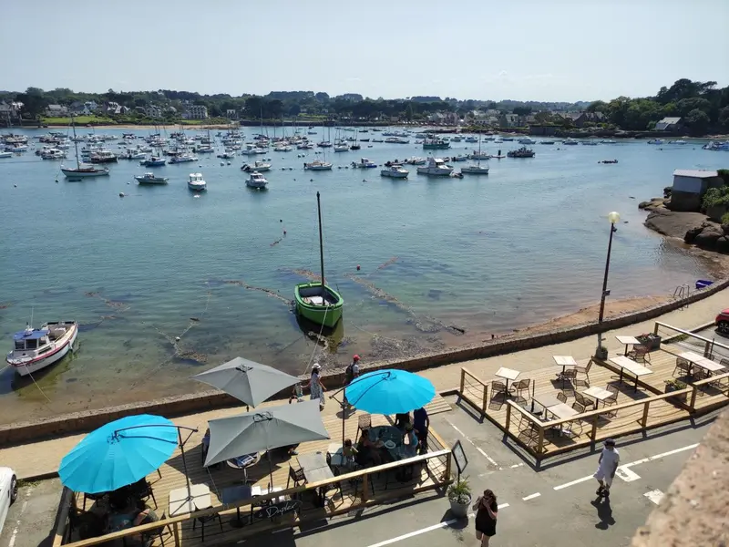 Terrasse ensoleillée avec parasols et tables donnant sur un port de plaisance.