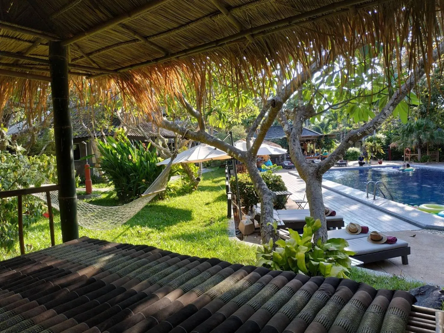 Espace de détente ombragé donnant sur une piscine et un jardin tropical.