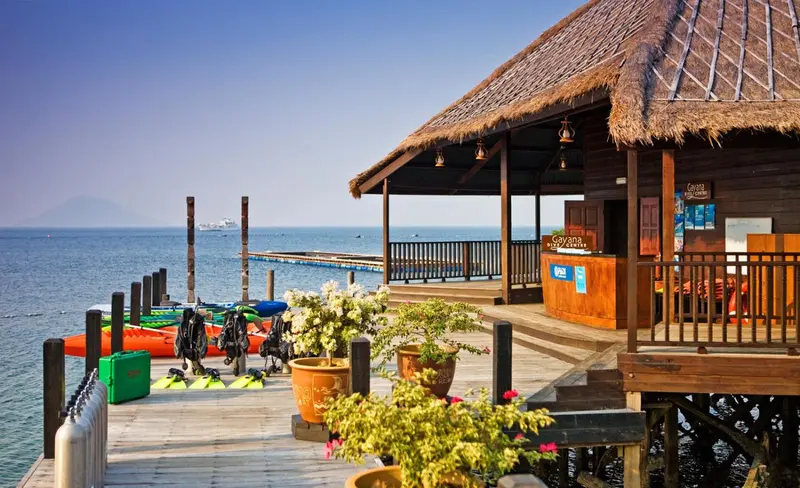 Terrasse en bois avec un comptoir d'accueil et des équipements nautiques.