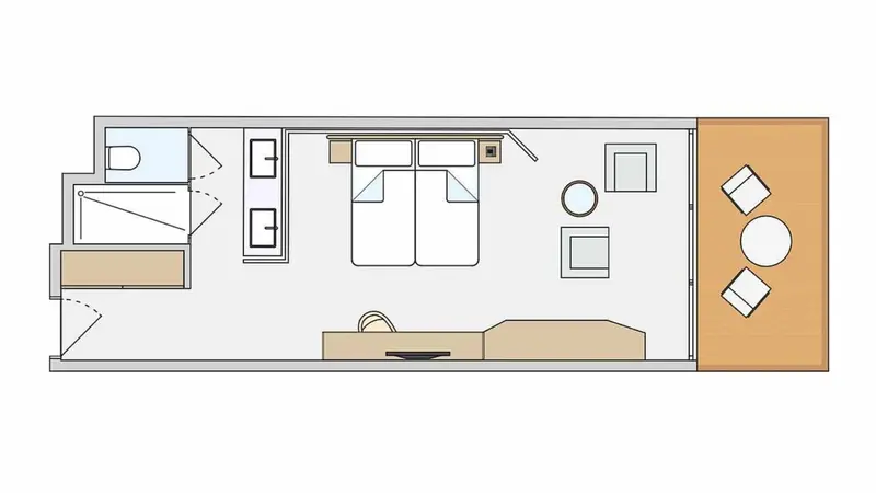 Plan d'une chambre avec coin salon et salle de bain attenante.