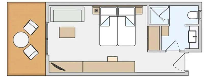 Plan d'une chambre avec coin repas et terrasse.