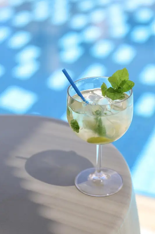 Un cocktail rafraîchissant dans un verre, avec une décoration de menthe et de citron.
