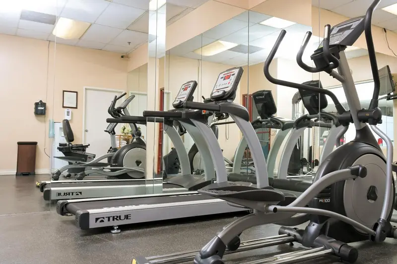 Une salle de sport avec plusieurs appareils de cardio et des miroirs.