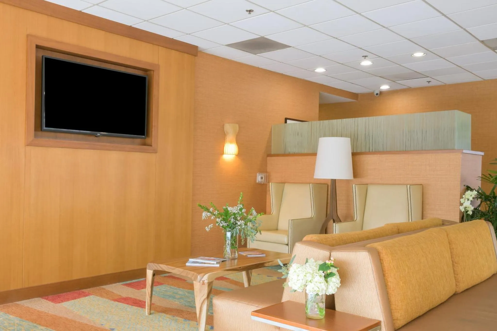 Un espace de détente avec canapés, fauteuils et une télévision murale.