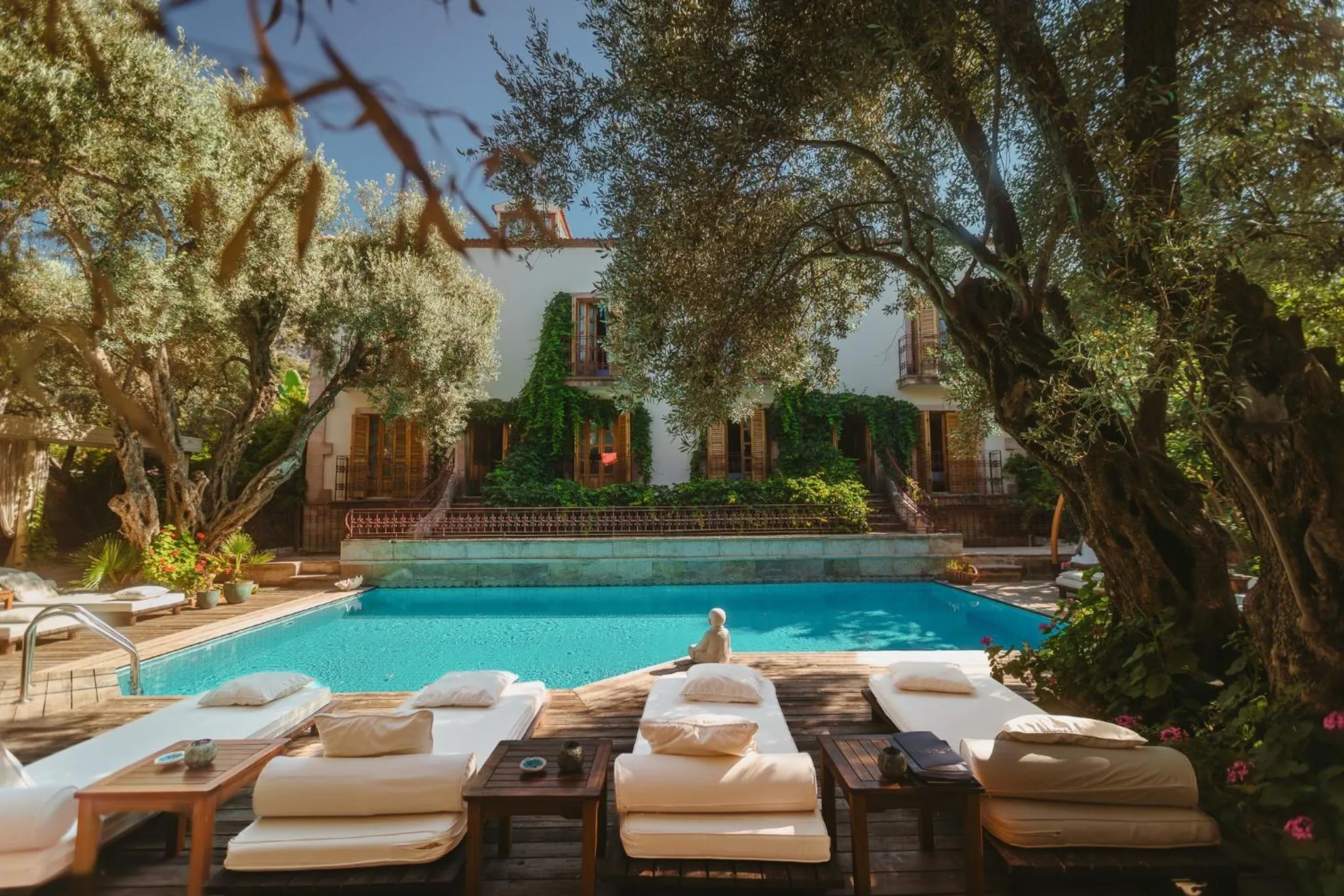 Transats blancs disposés autour d'une piscine turquoise dans un jardin luxuriant.
