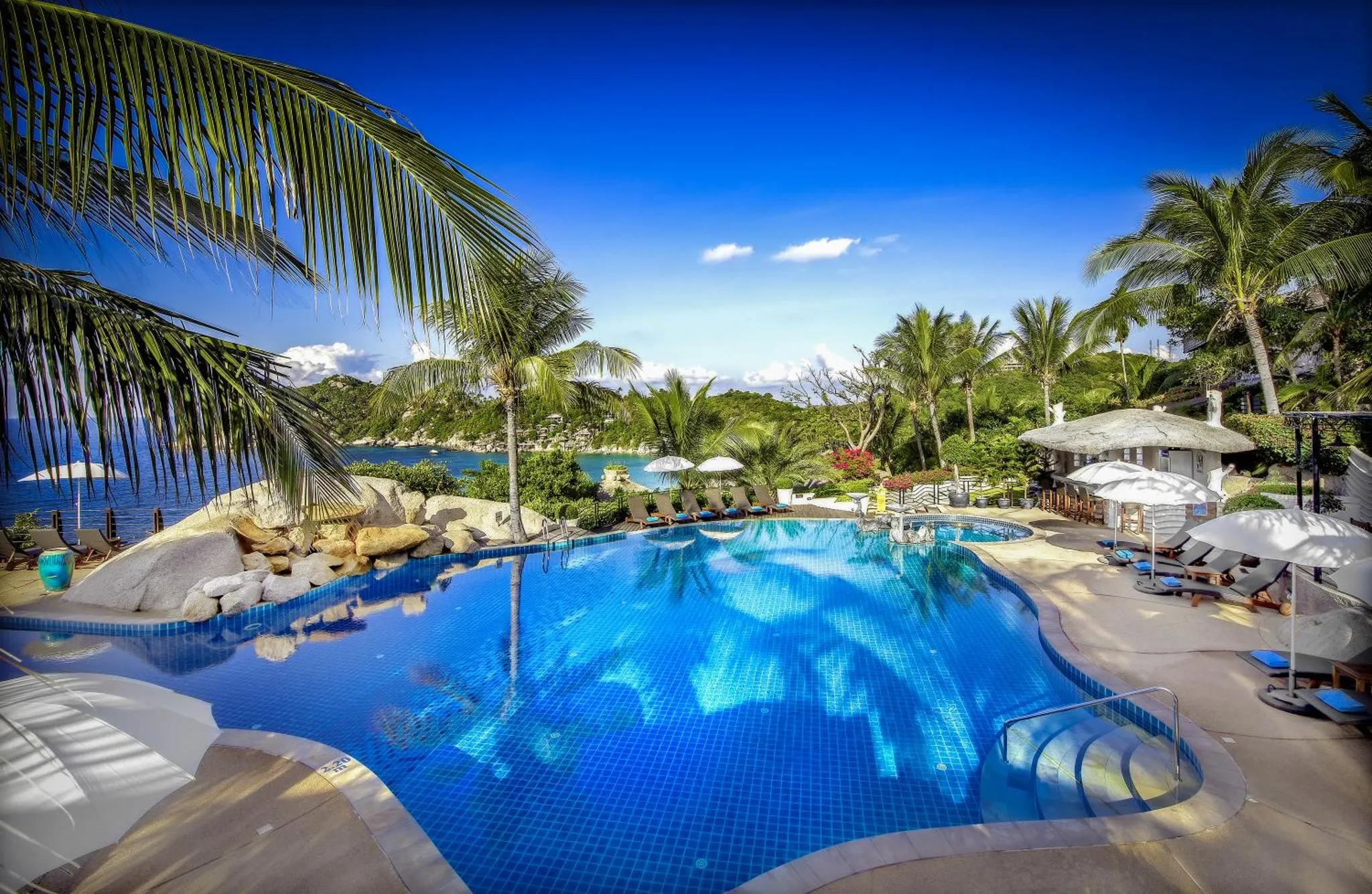 Une piscine bleue bordée de transats et de palmiers, avec vue sur la mer.