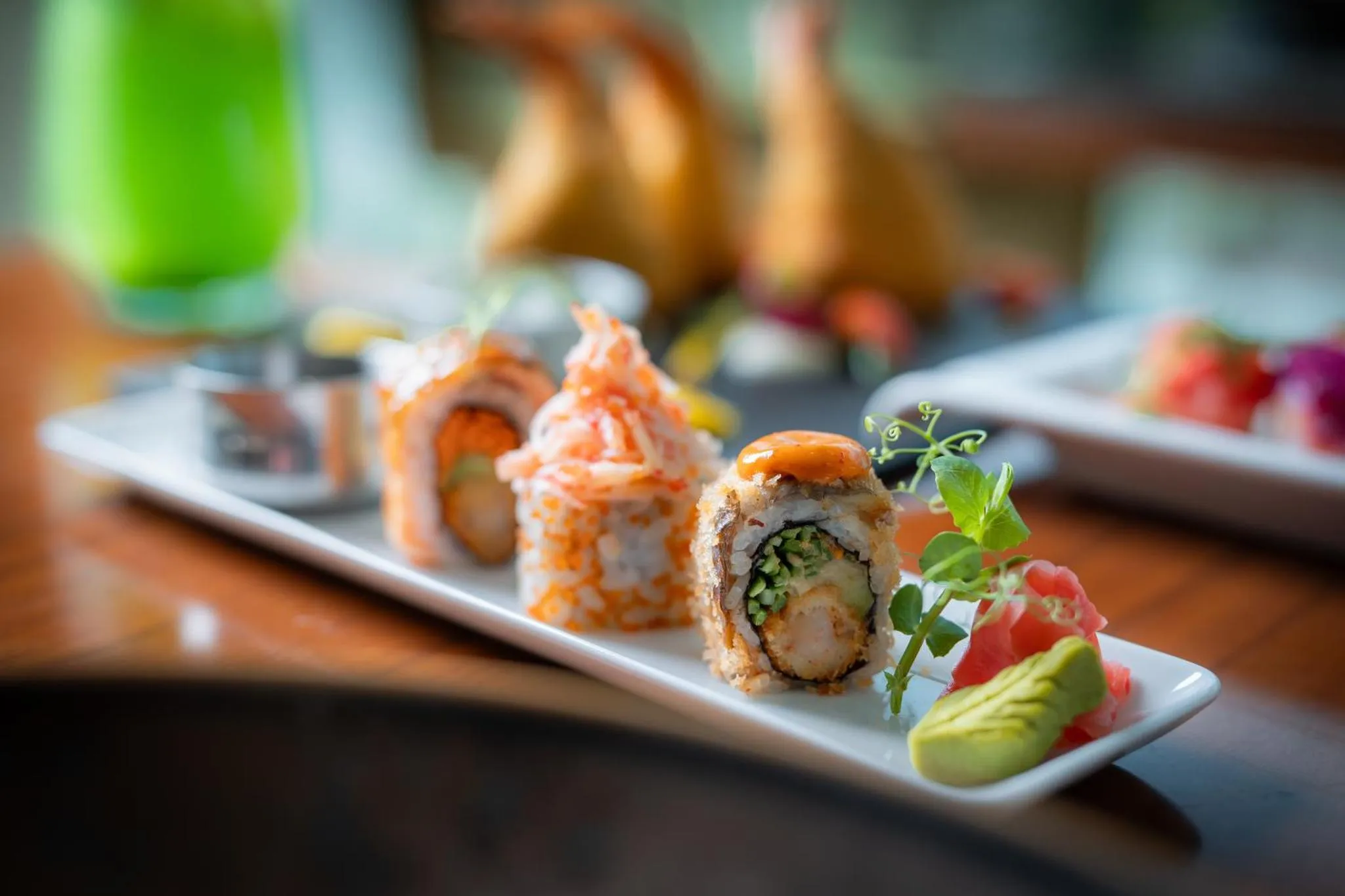 Assortiment de sushis et de makis présentés sur une assiette rectangulaire.