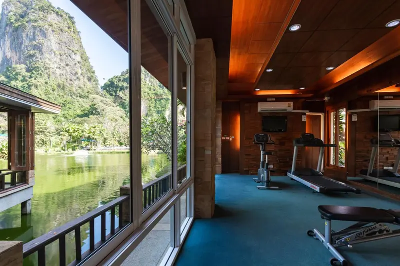 Une salle de sport lumineuse donne sur un paysage tropical avec une montagne et un plan d'eau.