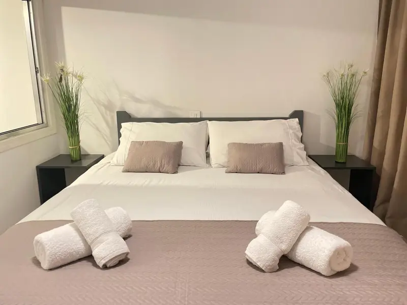 Une chambre avec un grand lit et des oreillers décorés.