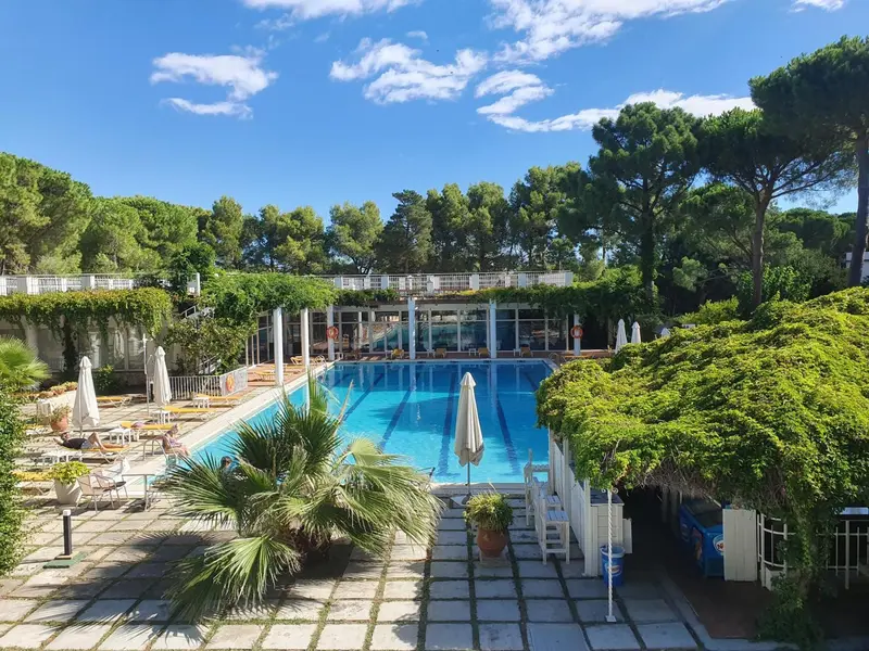 Une piscine rectangulaire entourée d'un jardin verdoyant sous un ciel bleu.