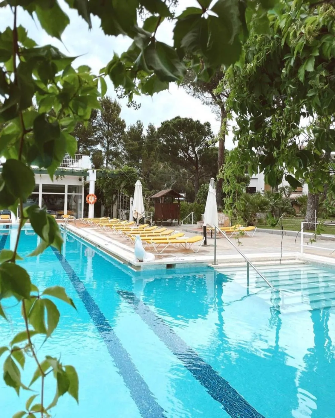 Une piscine rectangulaire bordée de transats sous des parasols.