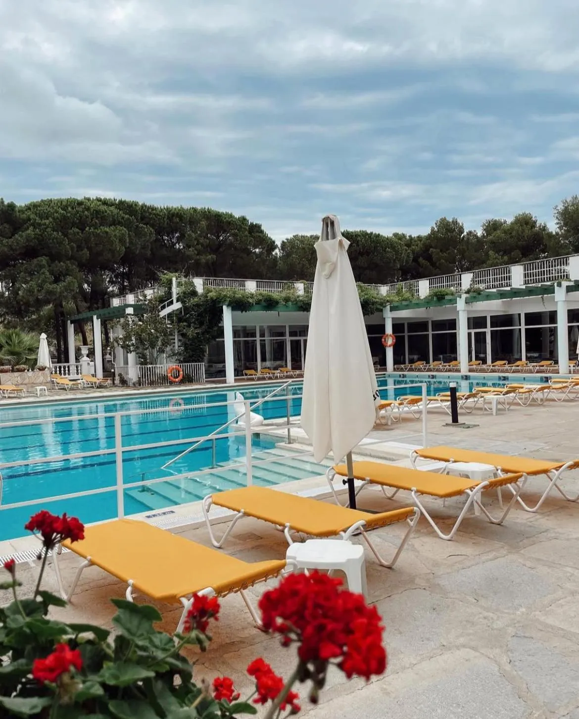 Transats et fleurs ornent le bord d'une piscine ensoleillée.