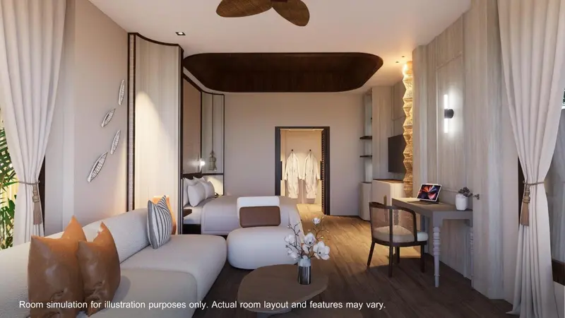 Une chambre lumineuse avec un canapé, un lit et un espace bureau.