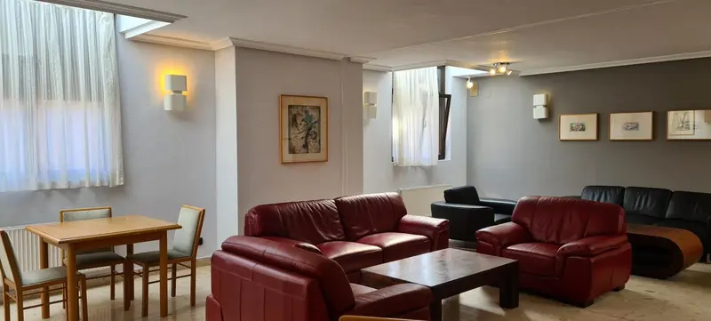 Un espace de séjour avec canapés et une table à manger près d'une fenêtre.