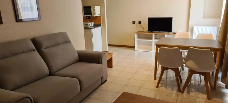 Espace de vie avec canapé et table à manger.