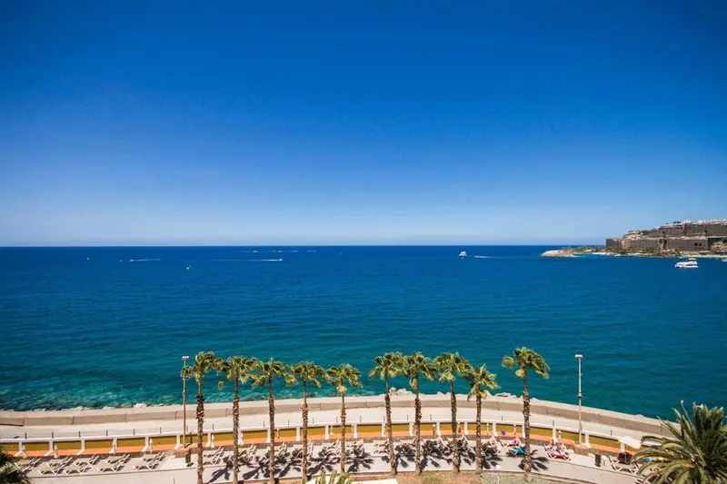Vue sur la mer depuis une promenade bordée de palmiers.