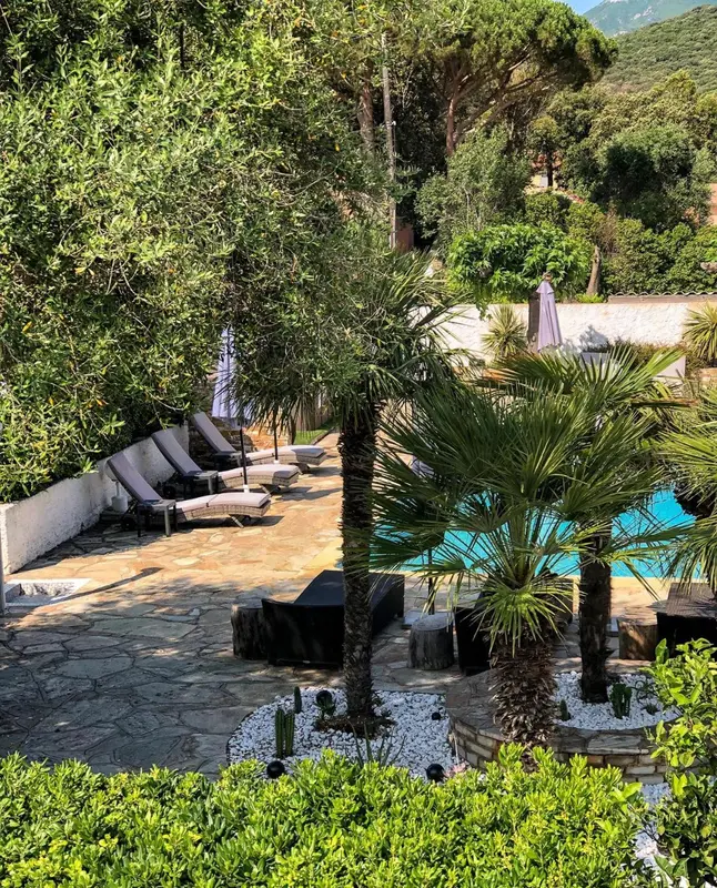 Transats alignés au bord d'une piscine entourée de végétation luxuriante.