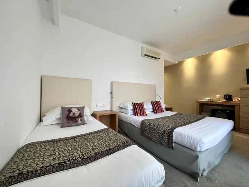 Une chambre avec deux lits simples et une décoration sobre.