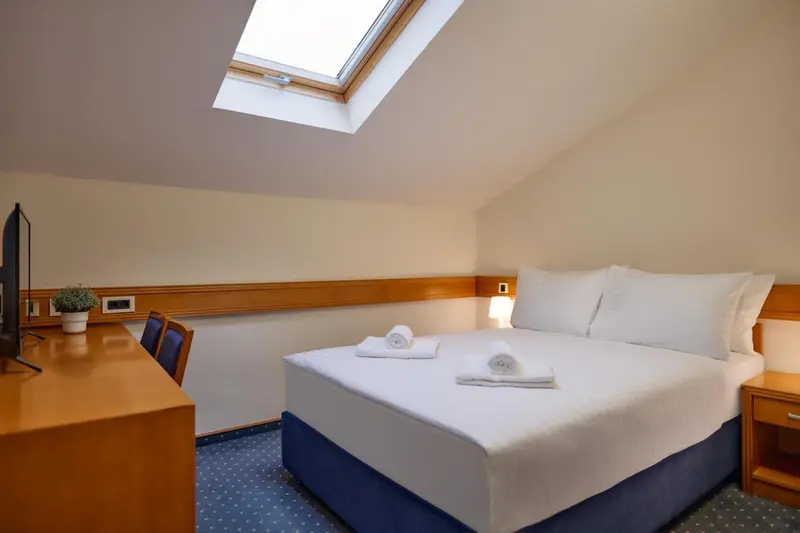 Une chambre lumineuse avec un lit double et une fenêtre de toit.