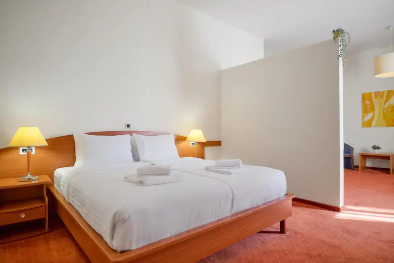 Une chambre lumineuse avec un grand lit et une décoration sobre.
