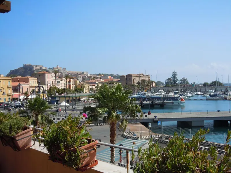 Vue d'un port de plaisance avec des bateaux amarrés et une ville en arrière-plan.
