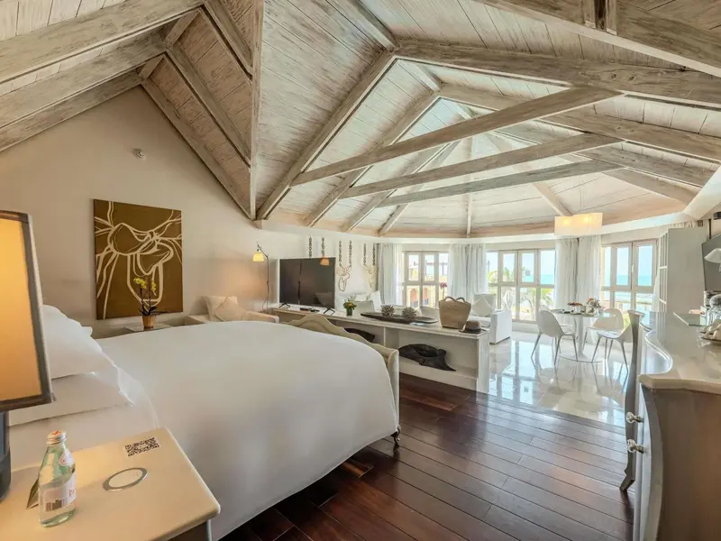 Une chambre lumineuse avec un grand lit et un espace salon.