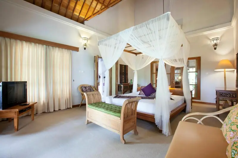 Une chambre lumineuse avec un lit à baldaquin et un mobilier en bois.