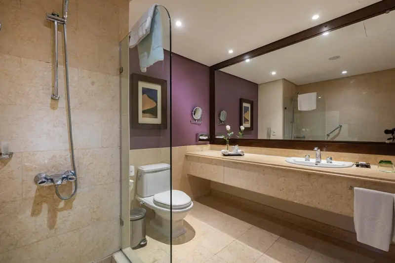 Salle de bain moderne avec douche à l'italienne et lavabo double.