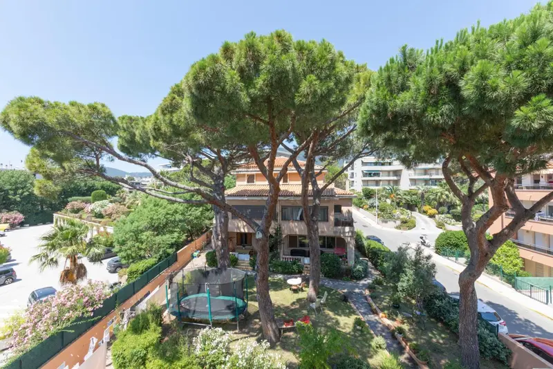 Vue aérienne d'une résidence entourée de verdure et d'arbres.